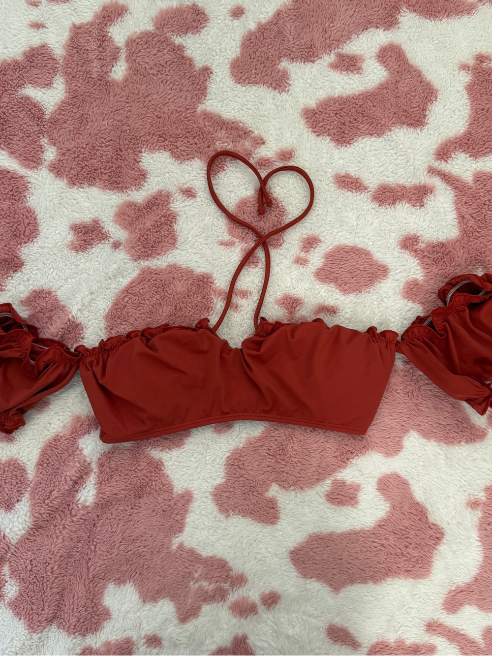 Rust Red Ruffled Sleeve Bikini Top Size S Off-Shoulder Bikini Top Passes Bra